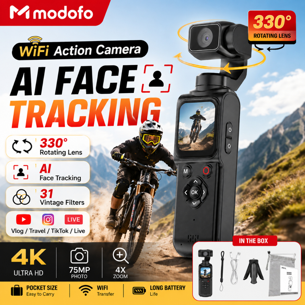 MODOFO Pocket Camera Vlog Camera 4K WiFi Action Camera AI Face Tracking ซูม18เท่า  หมุนได้ 330° กล้อง 75MP Zoom Vlog บันทึกวิดีโอ